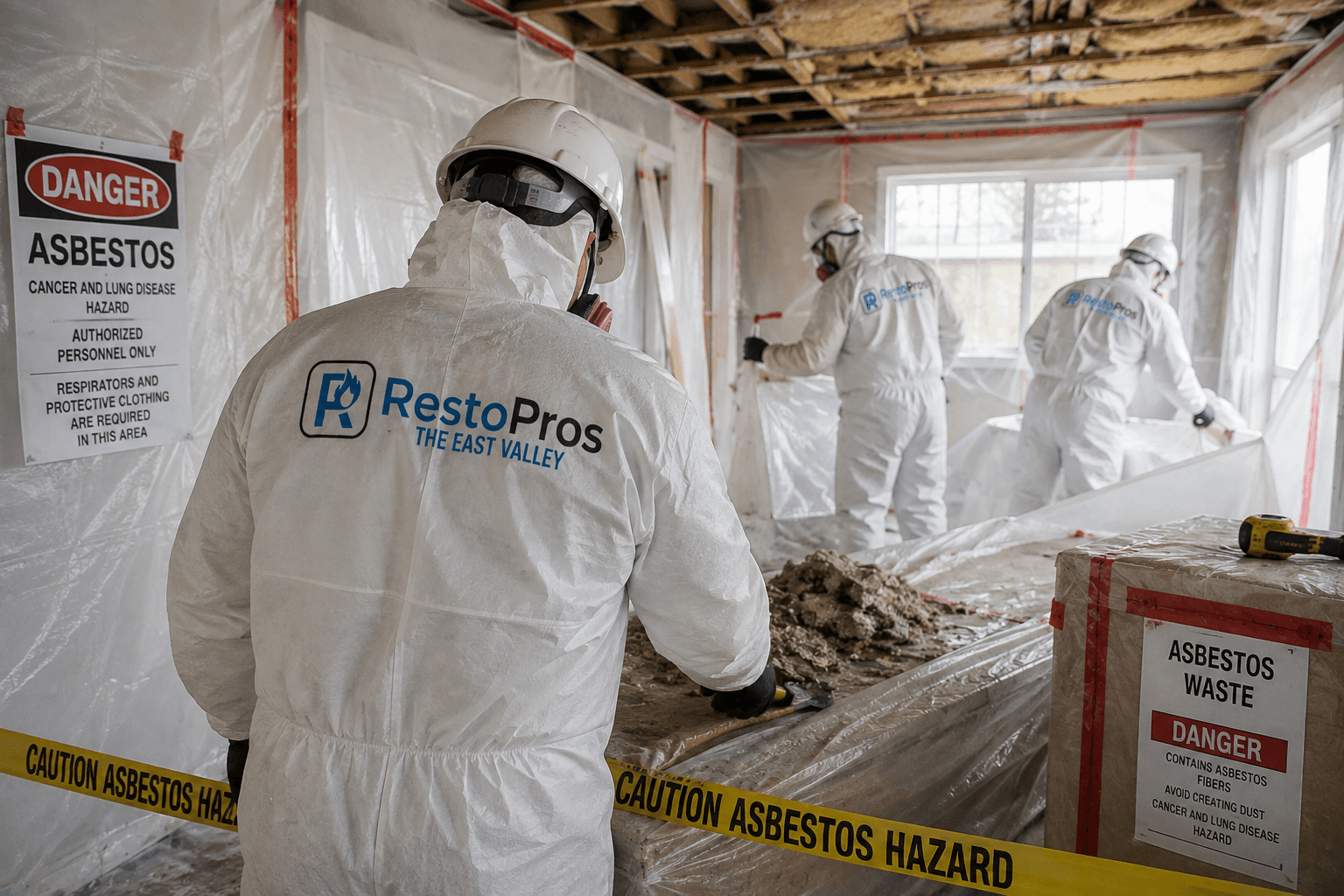 RestoPros of the East Valley technicians in protective suits and respirators removing asbestos material inside a sealed containment area