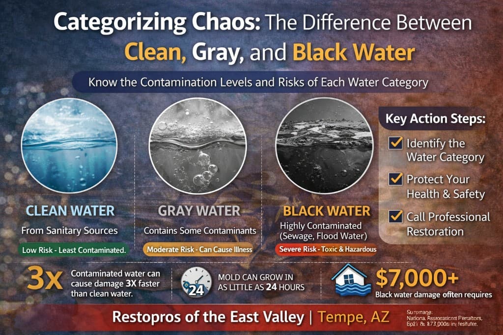 Infographic: Categorizing Chaos — clean, gray, and black water contamination levels and risks, by Restopros of the East Valley