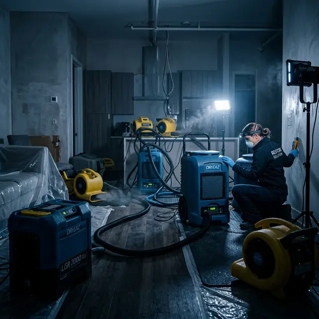 Water damage restoration team drying out a flooded Mesa home with air movers and dehumidifiers