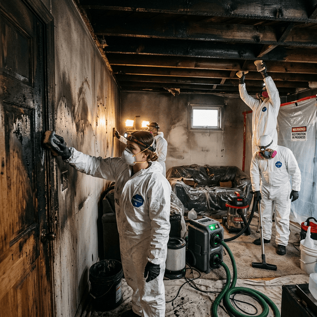 Restoration technicians in protective suits cleaning soot from walls in a fire-damaged room with an air scrubber running