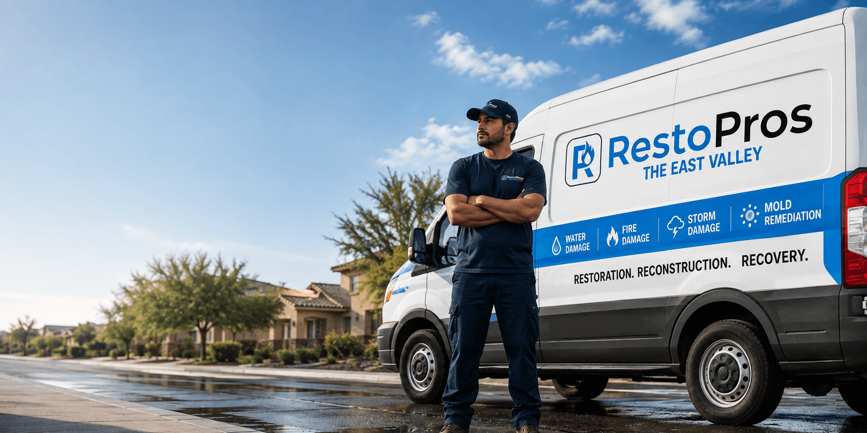 RestoPros of the East Valley technician and service van ready for 24/7 water, fire, mold and storm damage response in Arizona