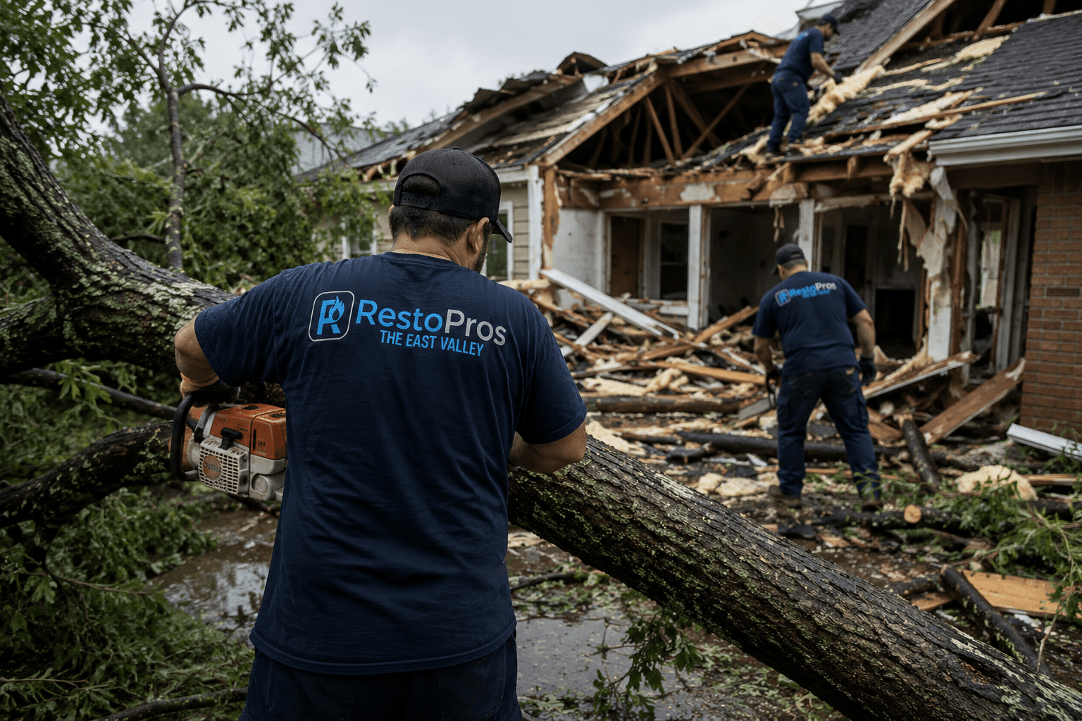 Crew tarping a wind-damaged tile roof on an East Valley home after a monsoon storm