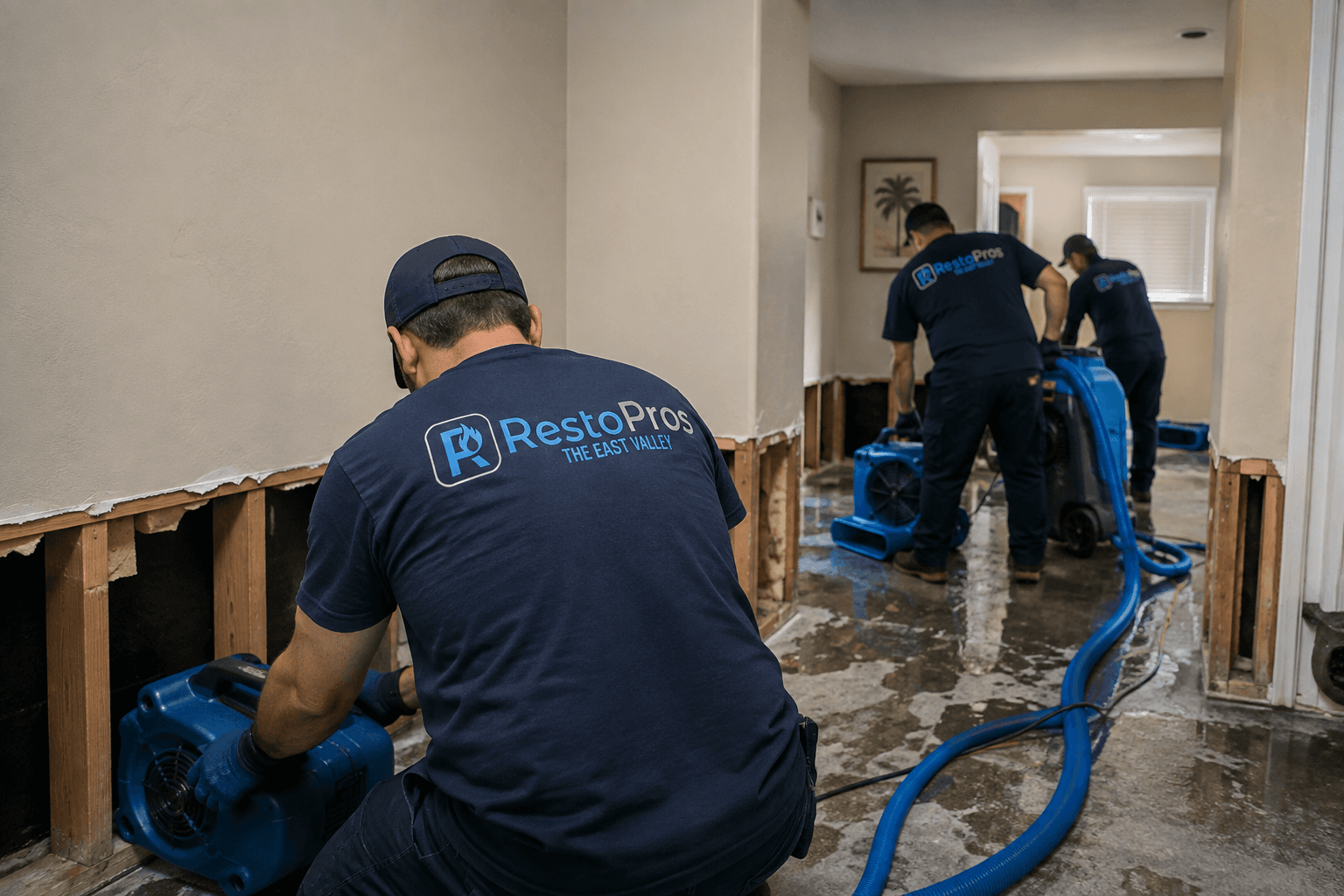 Drying equipment running during the mitigation phase of a water damage job in an Arizona home